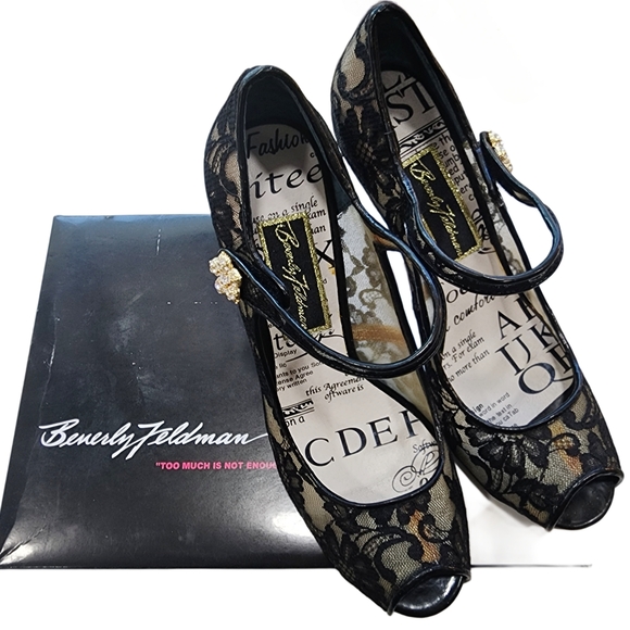 Beverly Feldman Black Lace Mary Jane Peep-Toe Heels With Pearl Velcro Closure - Picture 8 of 10